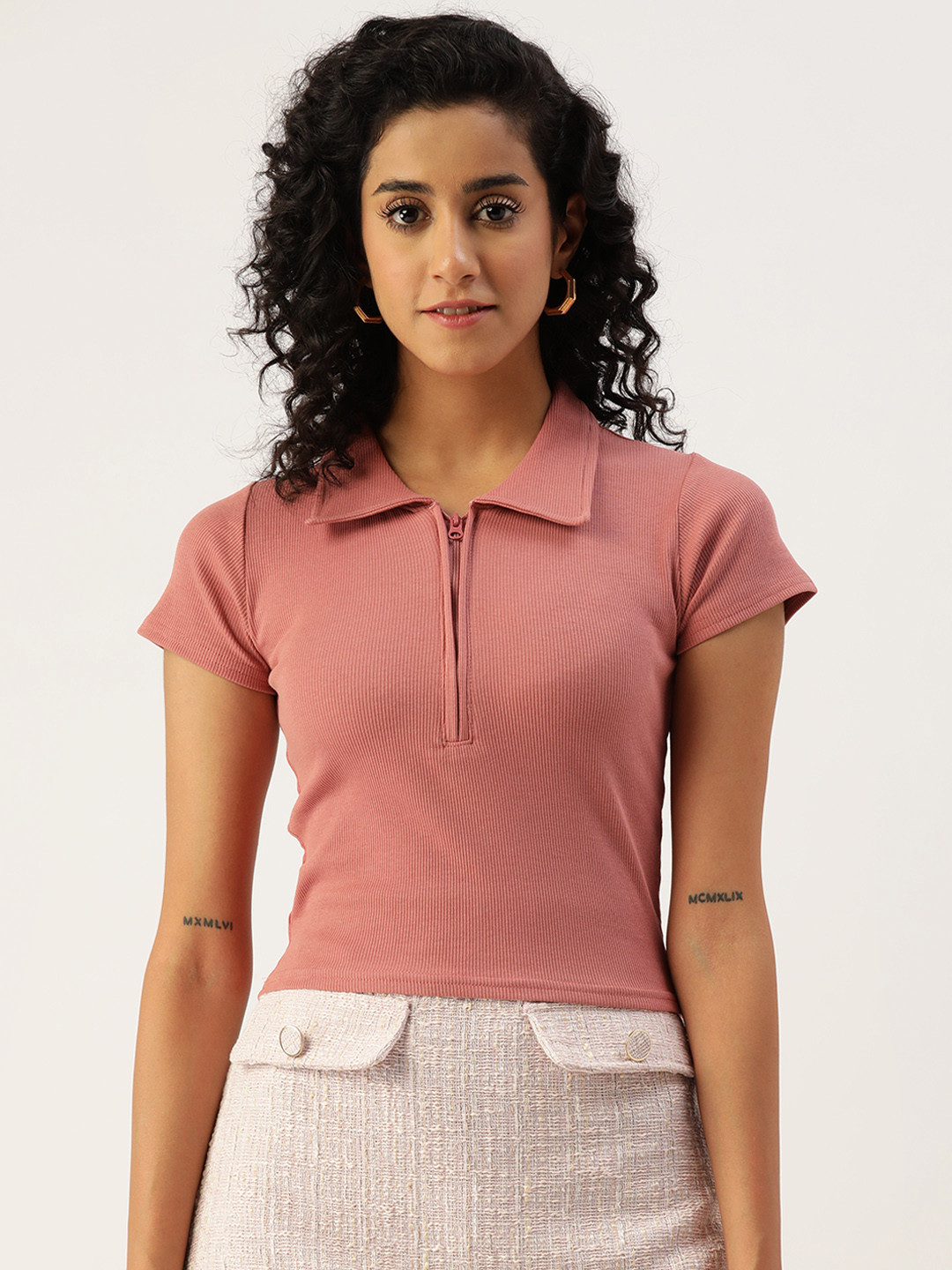 

Malachi Polo Collar Slim Fit Ribbed Pure Cotton Crop T-shirt, Rose