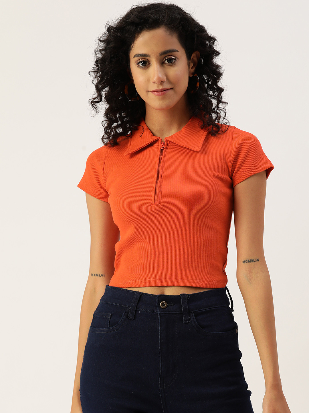 

Malachi Polo Collar Slim Fit Ribbed Pure Cotton Crop T-shirt, Orange