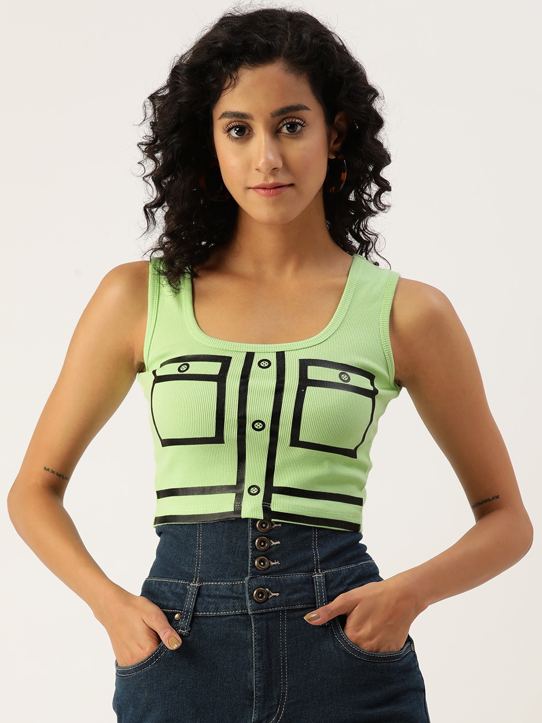 

Malachi Geometric Print Ribbed Pure Cotton Crop Top, Lime green