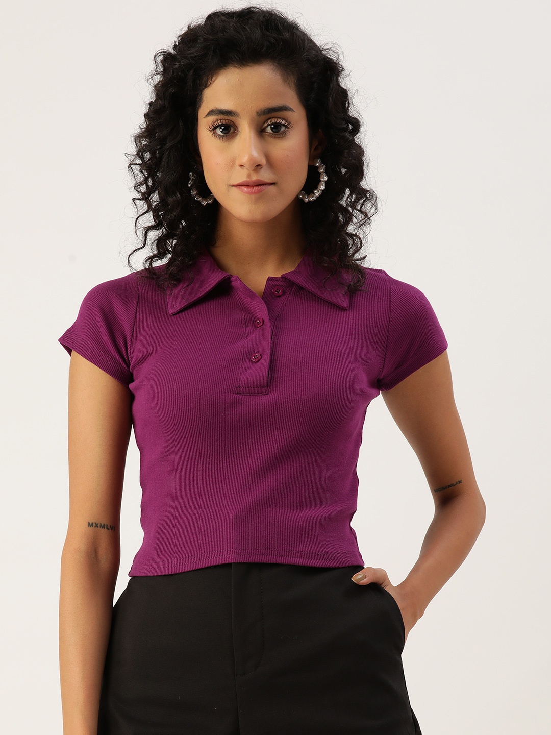 

Malachi Polo Collar Slim Fit Ribbed Pure Cotton Crop T-shirt, Purple