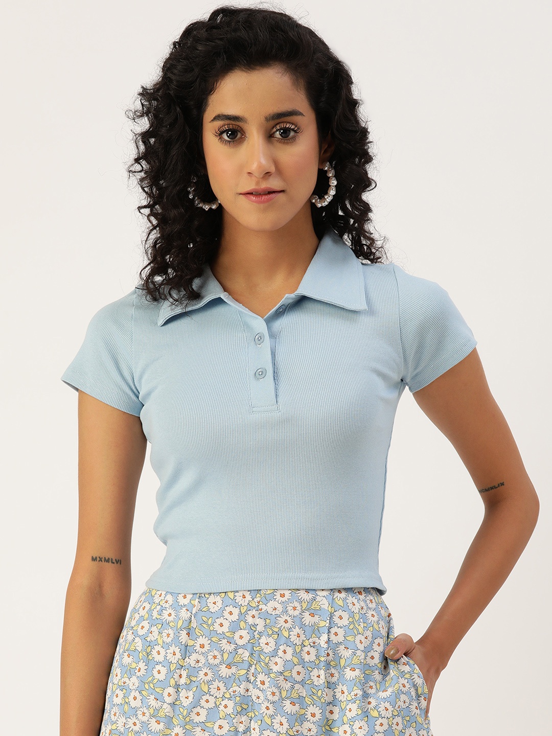 

Malachi Polo Collar Slim Fit Ribbed Pure Cotton Crop T-shirt, Blue