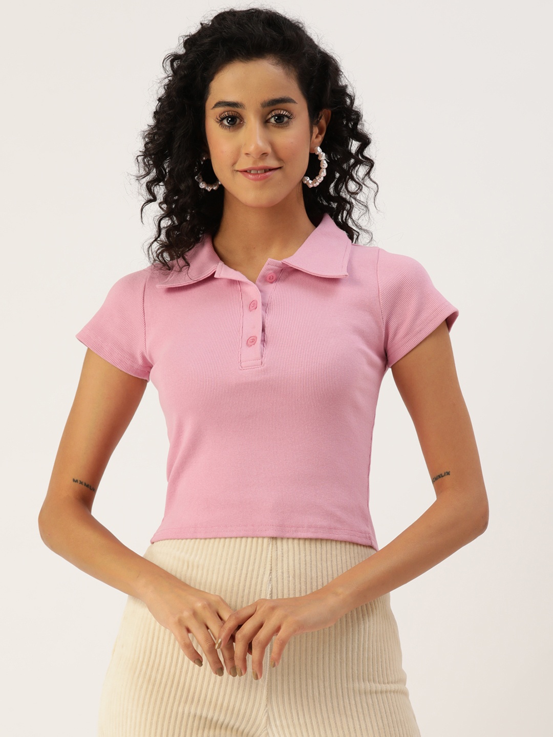 

Malachi Polo Collar Slim Fit Ribbed Pure Cotton Crop T-shirt, Pink
