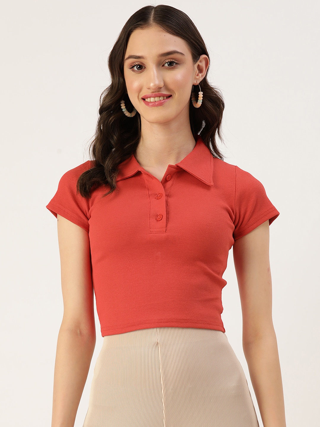 

Malachi Polo Collar Slim Fit Ribbed Pure Cotton Crop T-shirt, Red