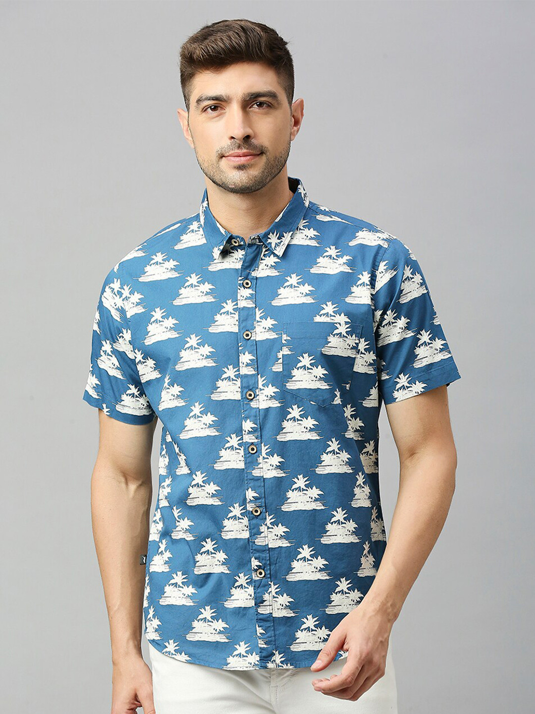 

Thomas Scott Classic Slim Fit Floral Printed Pure Cotton Tropical Casual Shirt, Blue