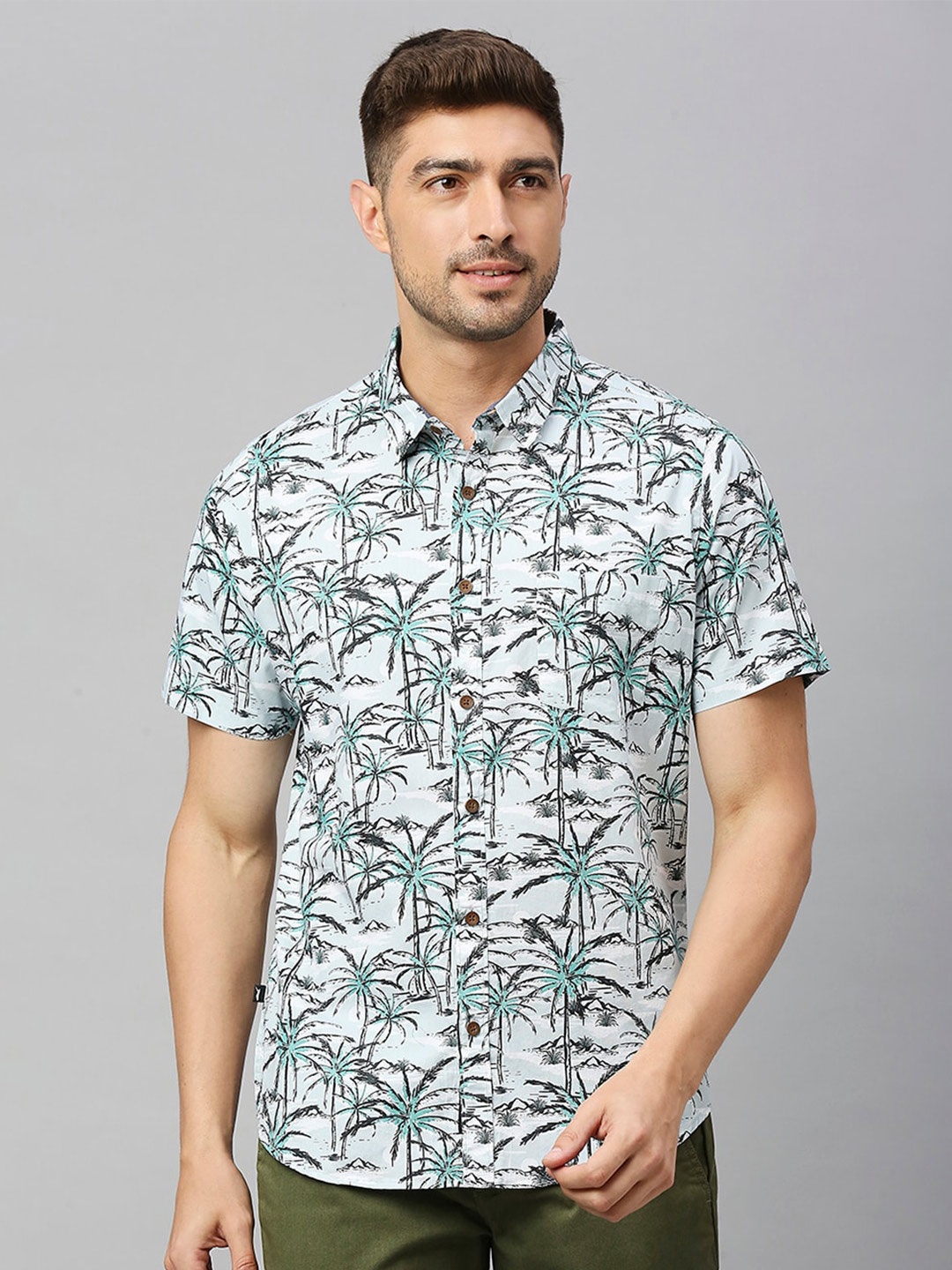 

Thomas Scott Classic Slim Fit Floral Printed Pure Cotton Tropical Casual Shirt, Green