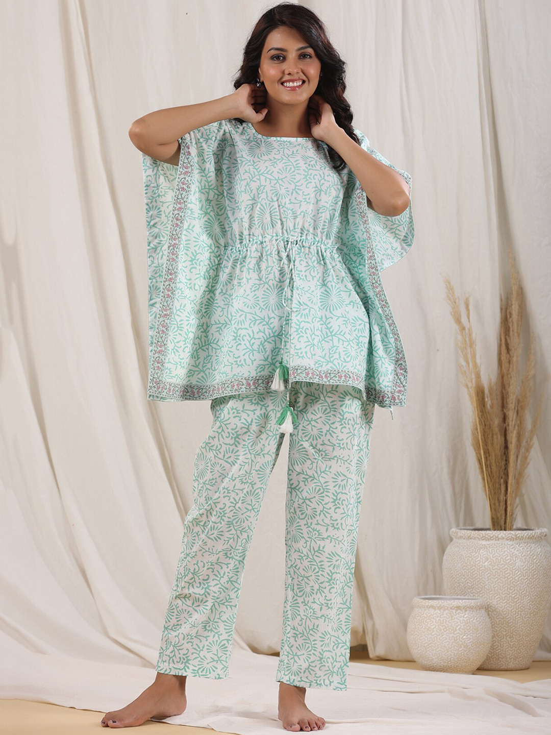 

Rain & Rainbow Floral Printed Pure Cotton Night Suit, Sea green
