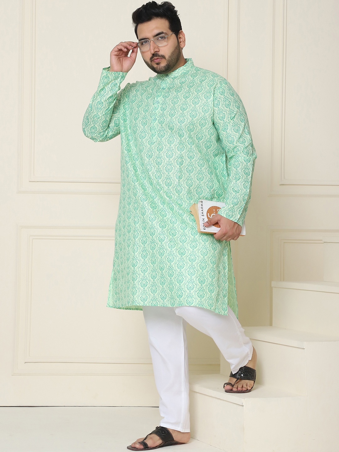 SOJANYA PLUS Men Plus Size Paisley Printed Regular Kurta With Pyjamas, Green