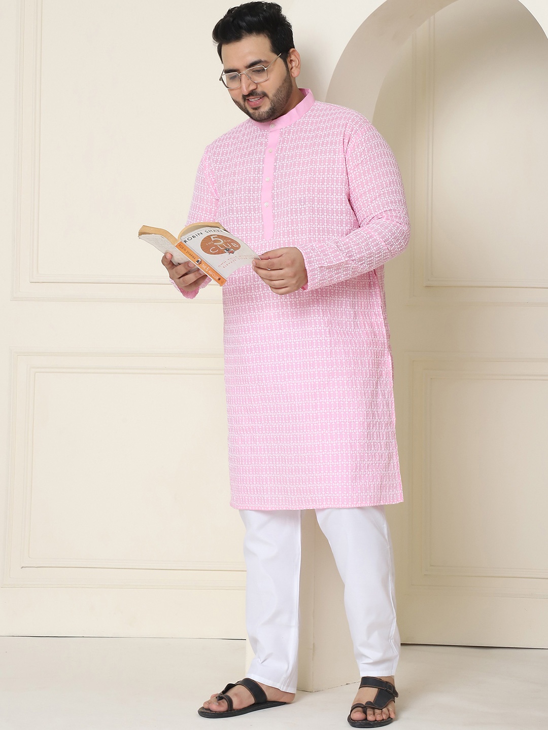 SOJANYA PLUS Men Plus Size Embroidered Regular Pure Cotton Kurta With Pyjamas, Pink