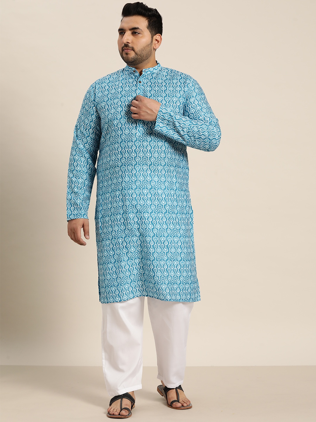 

SOJANYA PLUS Men Plus Size Printed Pure Cotton Kurta With Pyjamas, Turquoise blue