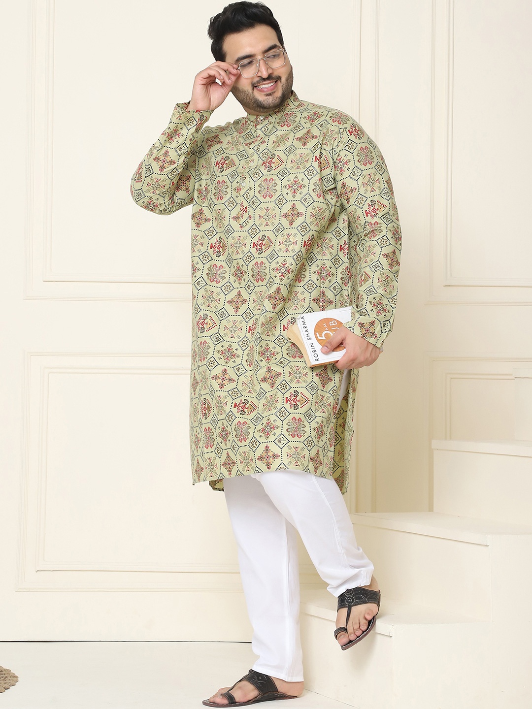 

SOJANYA PLUS Men Plus Size Ethnic Motifs Printed Kurta With Pyjamas, Green