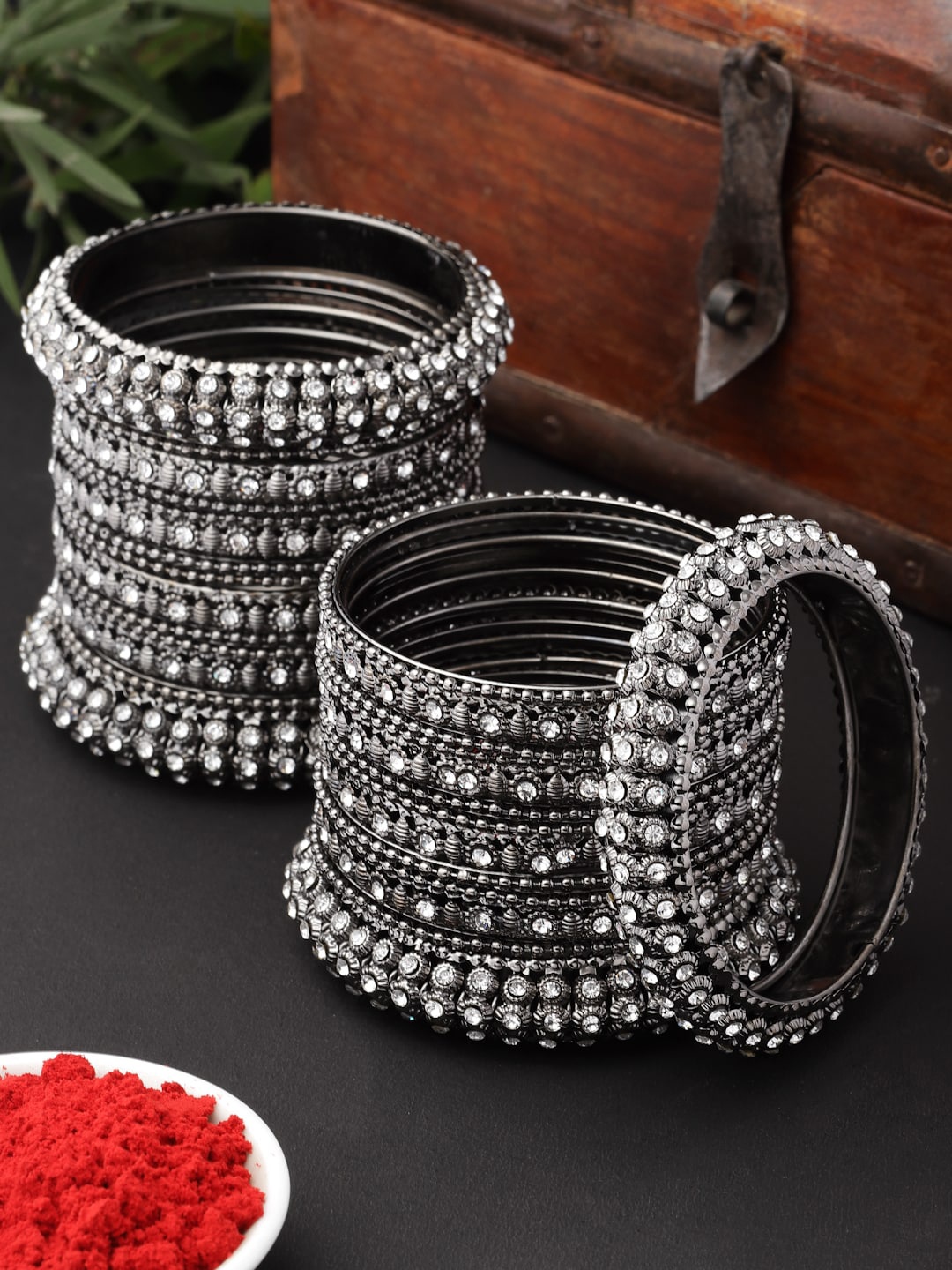 

ZENEME Set of 12 Silver-Plated Stone-Studded Brass Bangles, Metallic
