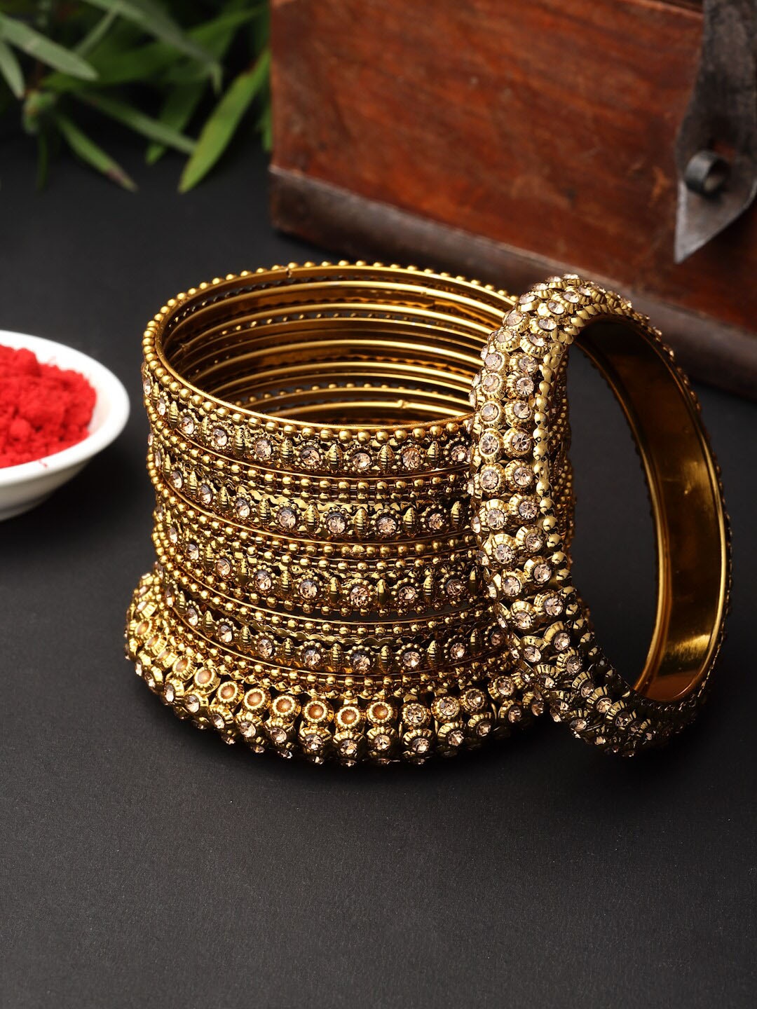 ZENEME Set Of 6 Gold-Plated Stone-Studded Bangles