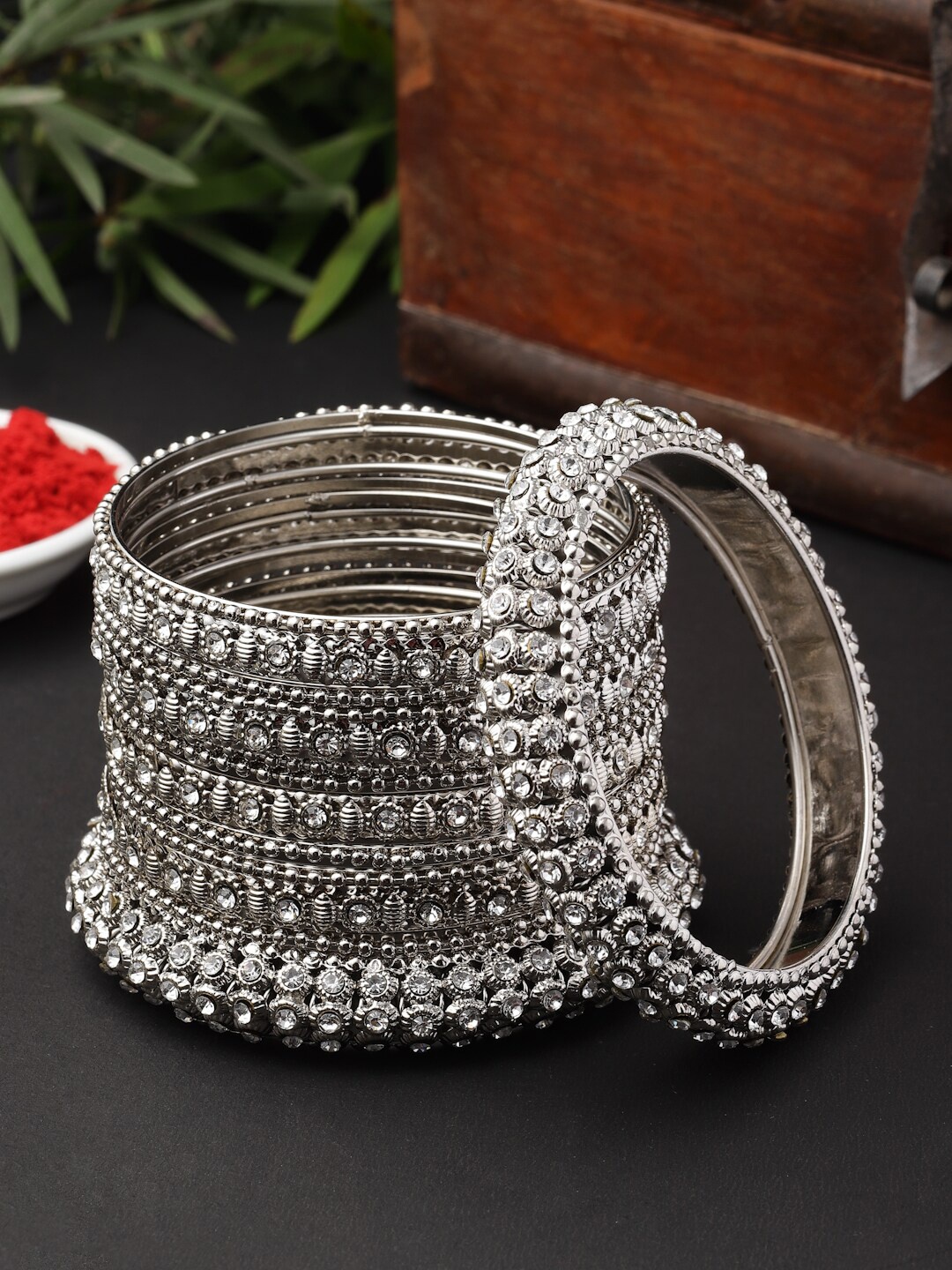

ZENEME Set Of 6 Silver-Plated Stone-Studded Bangles