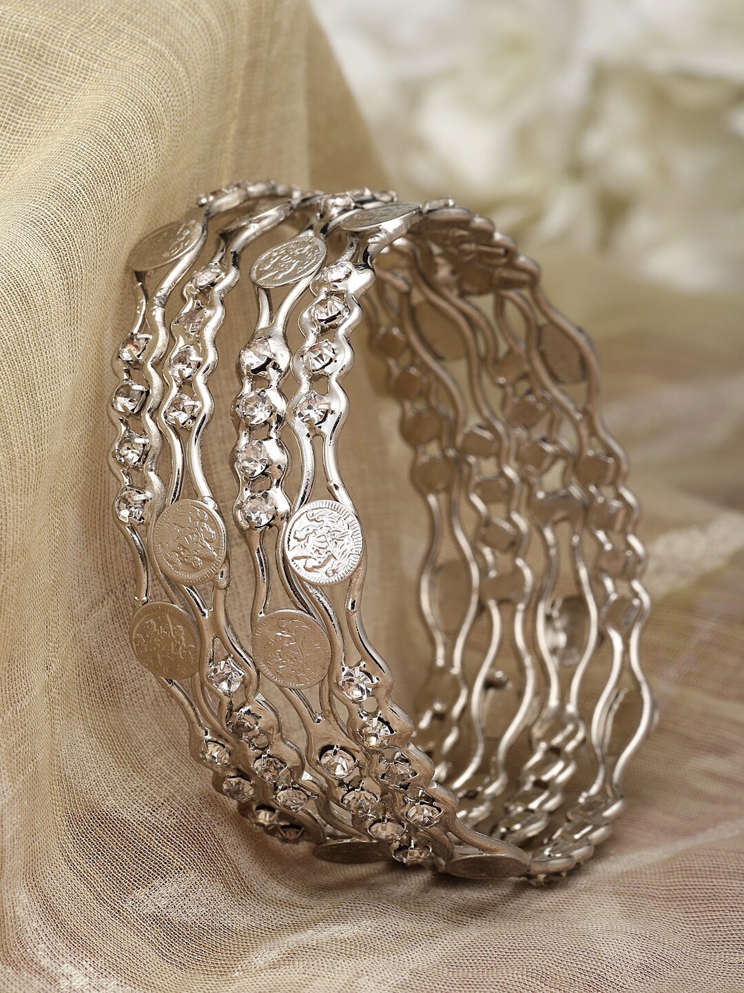 

ZENEME Set Of 4 Oxidised Silver-Plated AD-Studded Bangles
