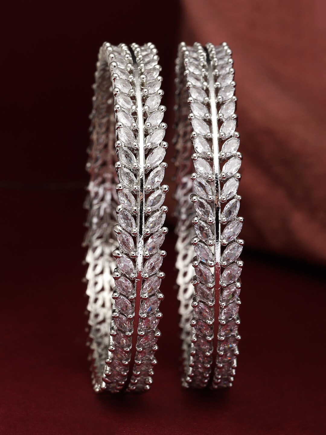 

ZENEME Set of 2 Rhodium-Plated Leaf Shaped AD-Studded Brass Bangles, Silver