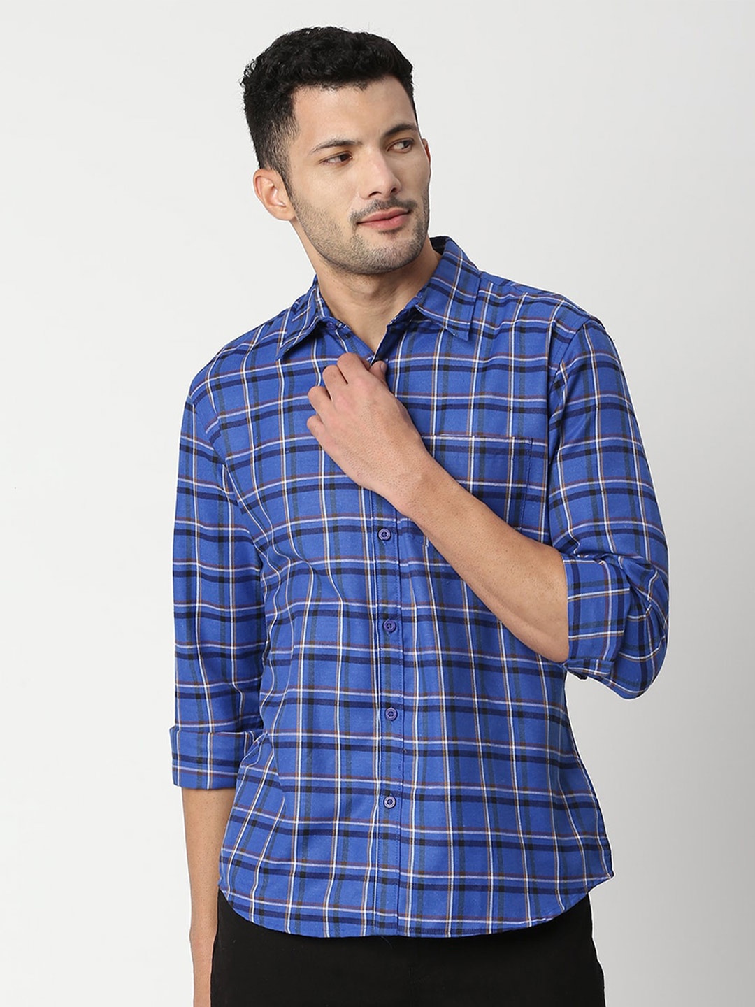 Metronaut Classic Slim Fit Tartan Checks Cotton Casual Shirt, Blue
