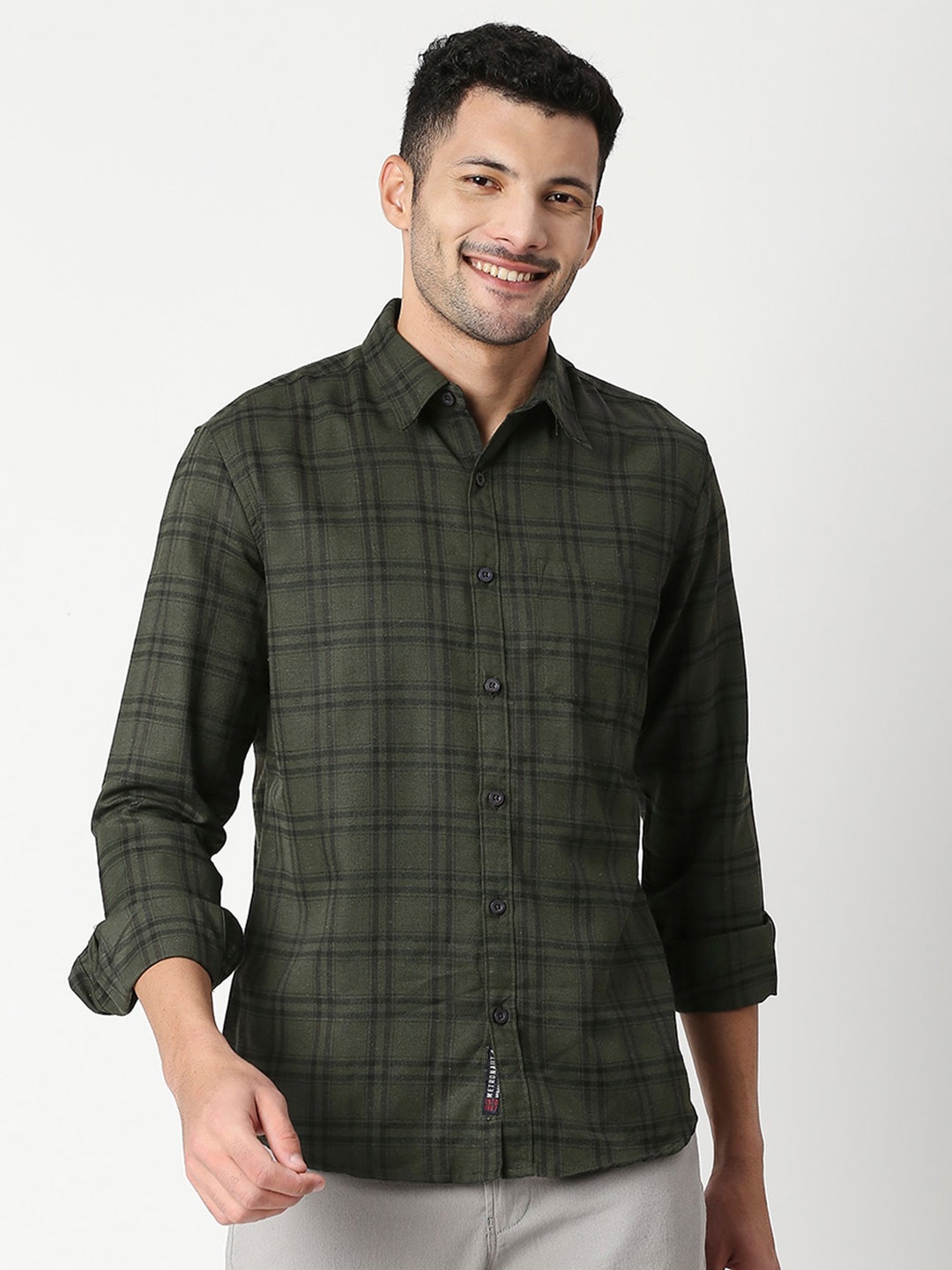 

Metronaut Classic Slim Fit Checked Cotton Casual Shirt, Olive