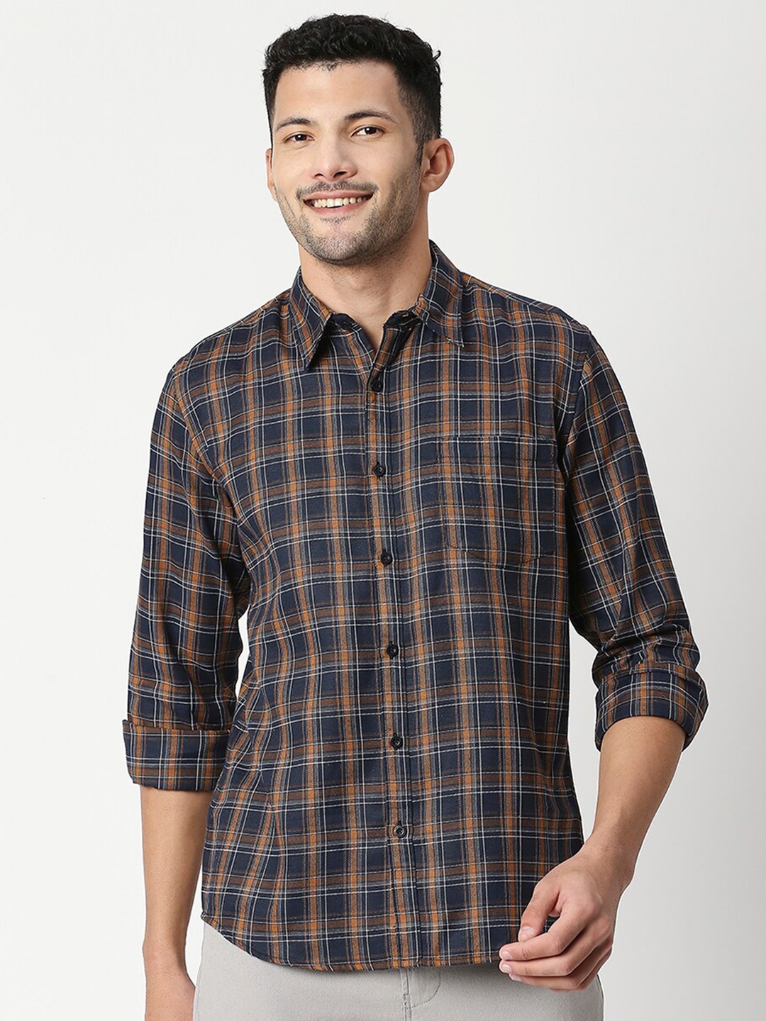 

Metronaut Classic Slim Fit Checked Cotton Casual Shirt, Navy blue