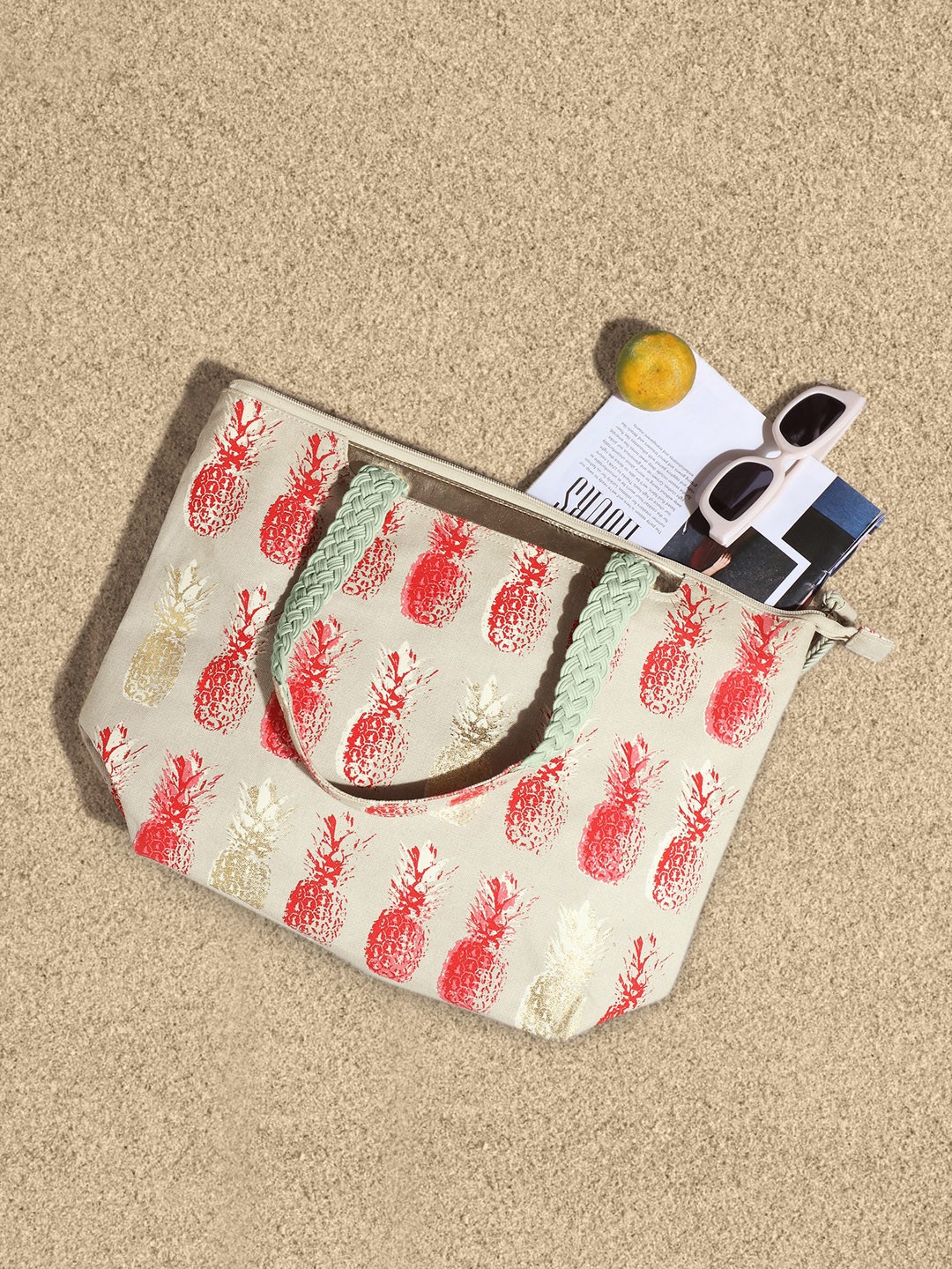 

Berrylush Beige & Red Printed Bowling Tote Bag
