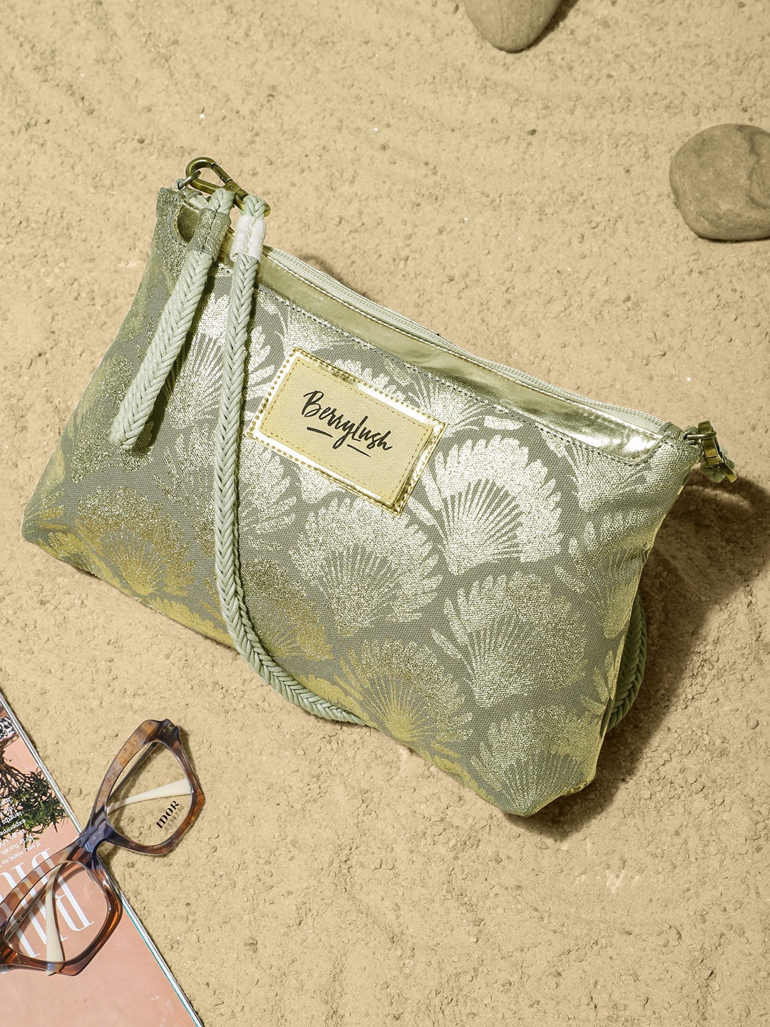 

Berrylush Sea Green & Gold Ethnic Motif Printed Sling Bag