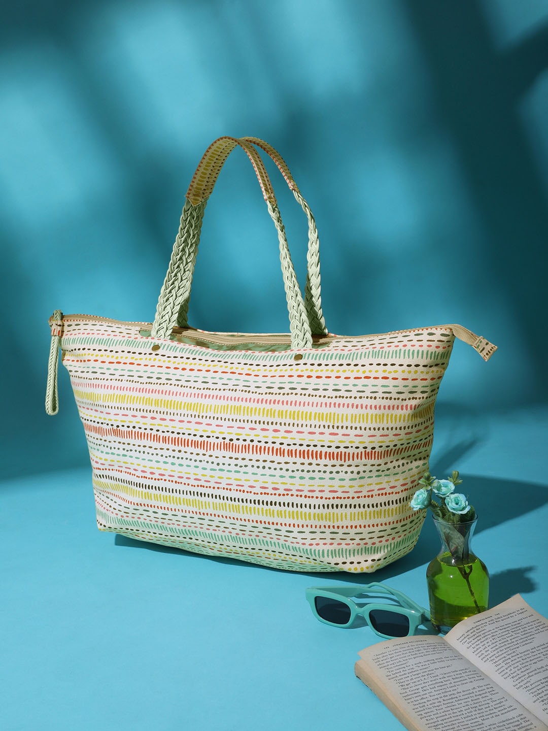 

Berrylush White & Sea Green Printed Structured Oversized Tote Bag