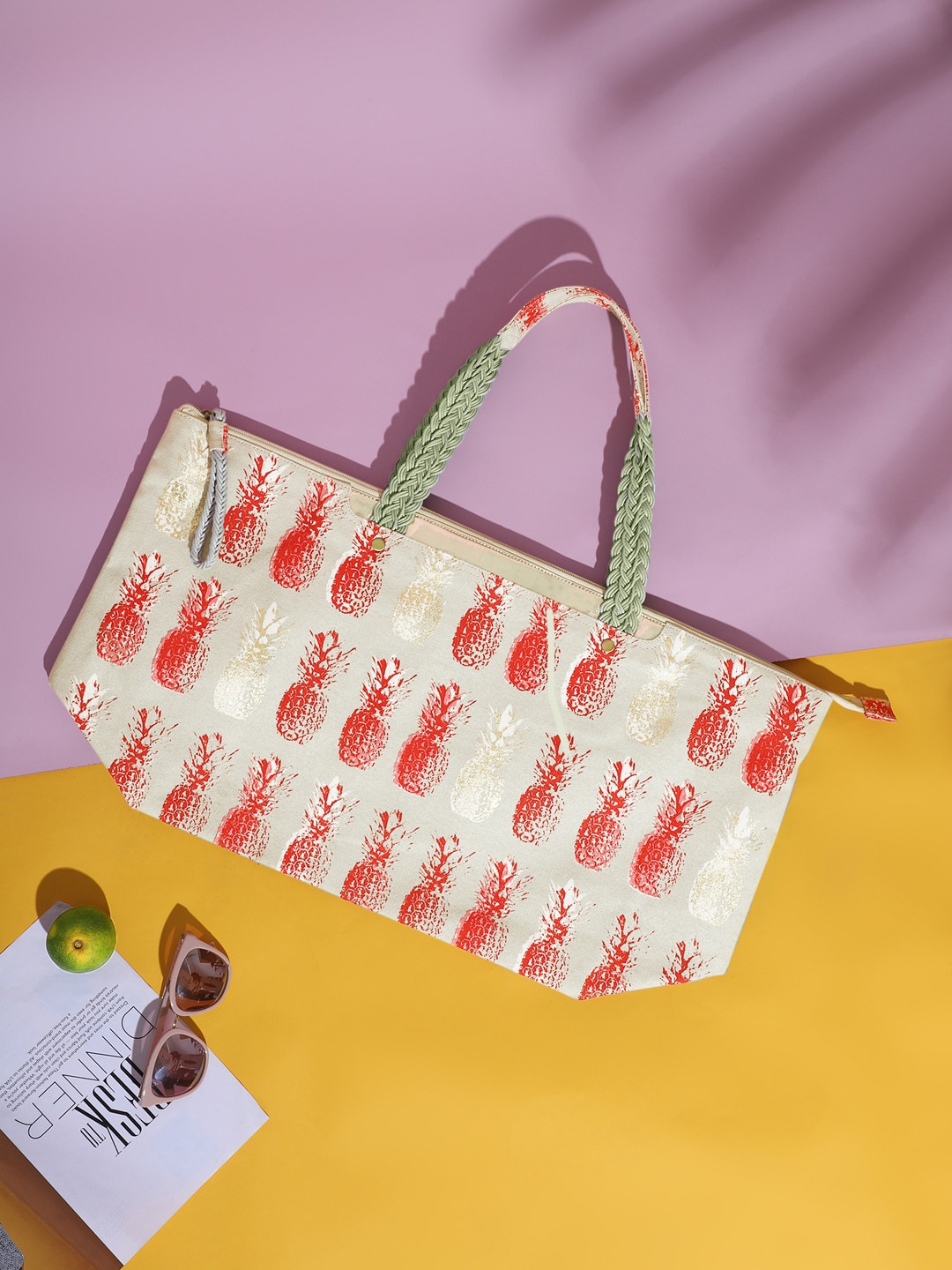 

Berrylush Grey & Red Printed Oversized Structured Tote Bag