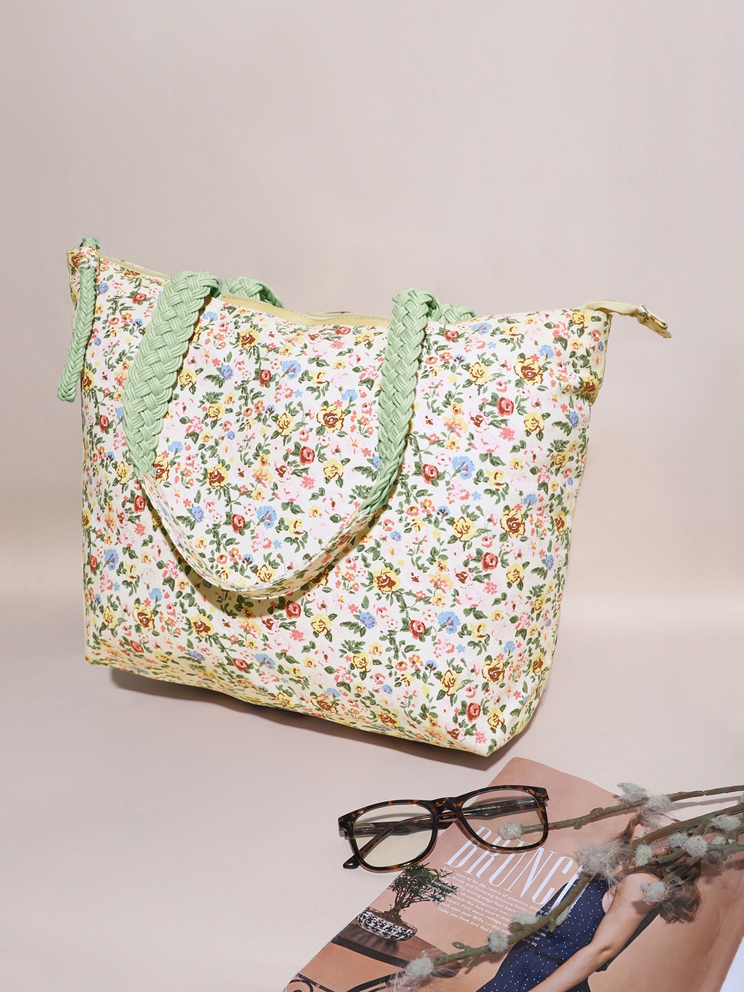 

Berrylush Beige & Yellow Floral Printed Structured Tote Bag