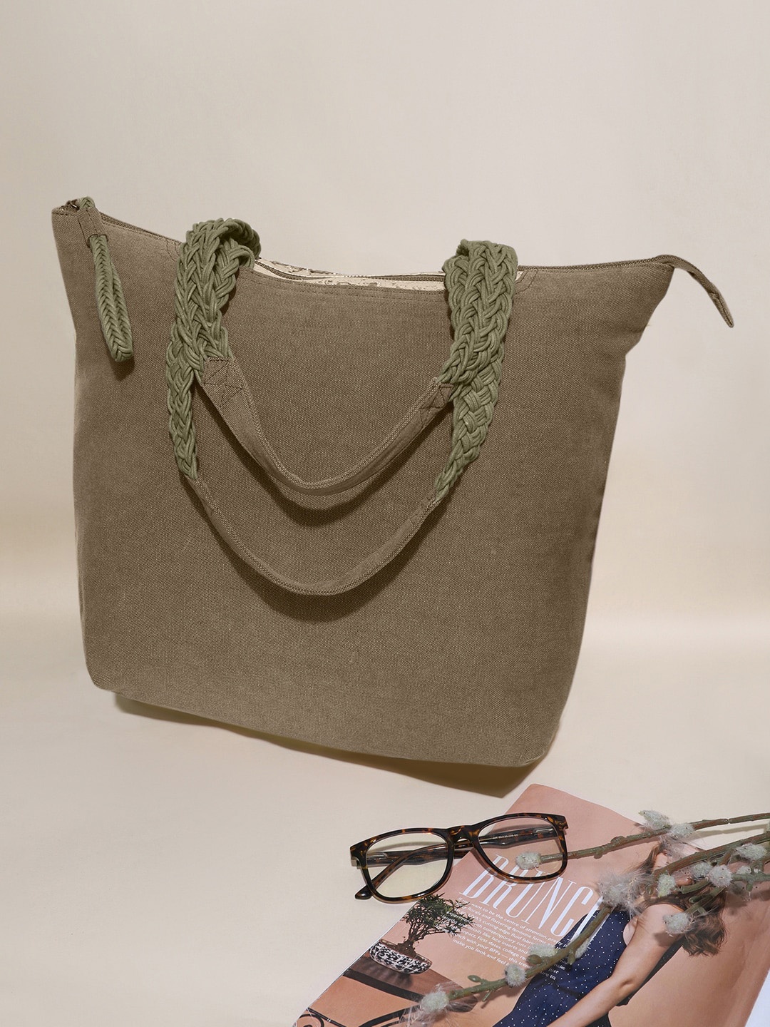 

Berrylush Olive Green Structured Tote Bag