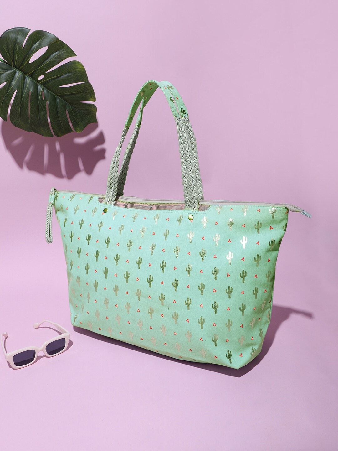 

Berrylush Sea Green & Silver Printed Oversized Structured Tote Bag