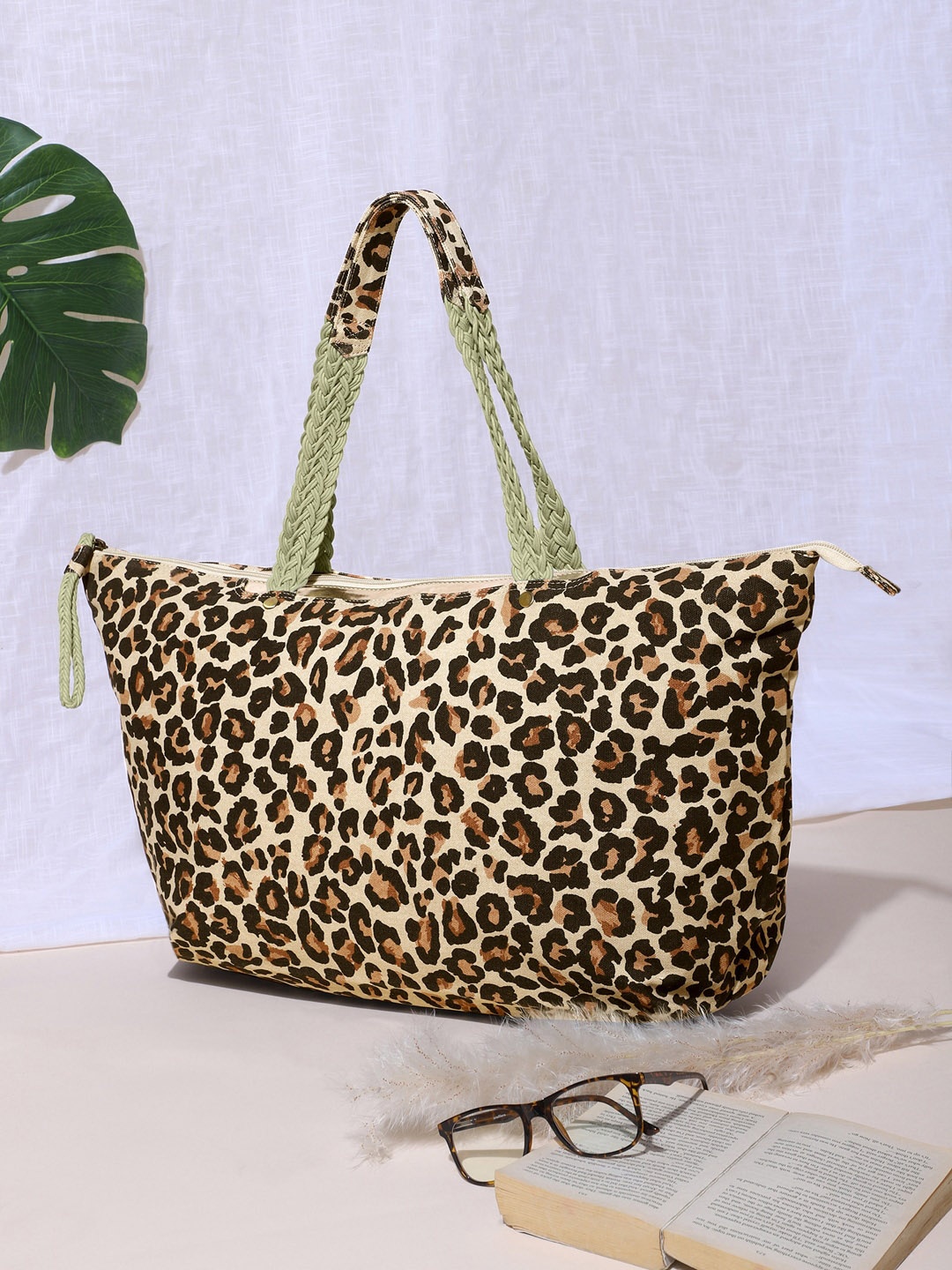 Berrylush Beige & Brown Animal Printed Oversized Shopper Tote Bag