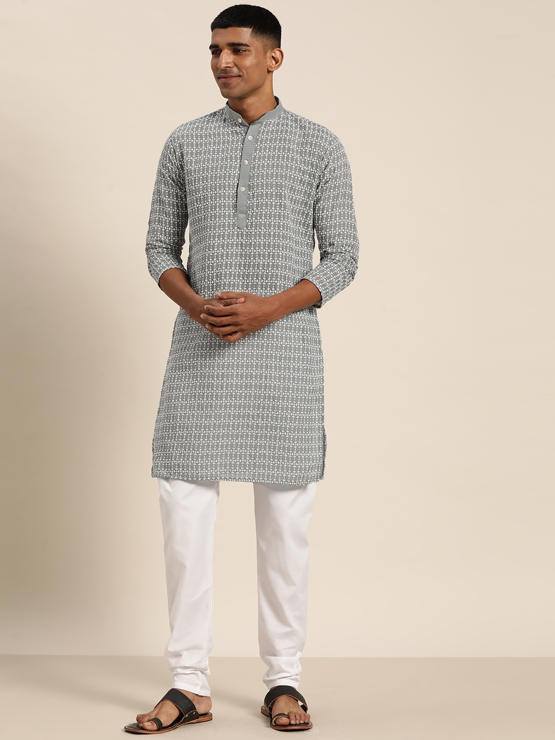

SOJANYA Men Embroidered Regular Thread Work Pure Cotton Kurta with Churidar, Grey