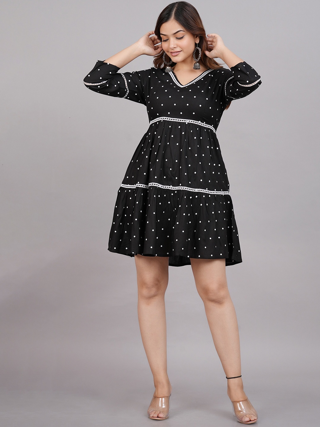 

SkyaSia Polka Dots Printed A-Line Above Knee Ethnic Dress, Black