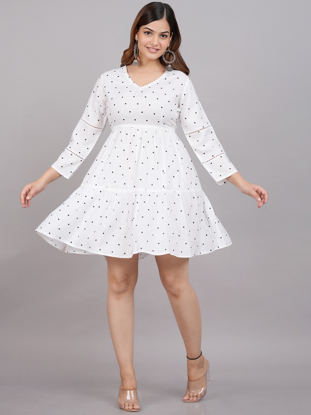 

SkyaSia Polka Dots Printed Midi Flared Ethnic Dress, White