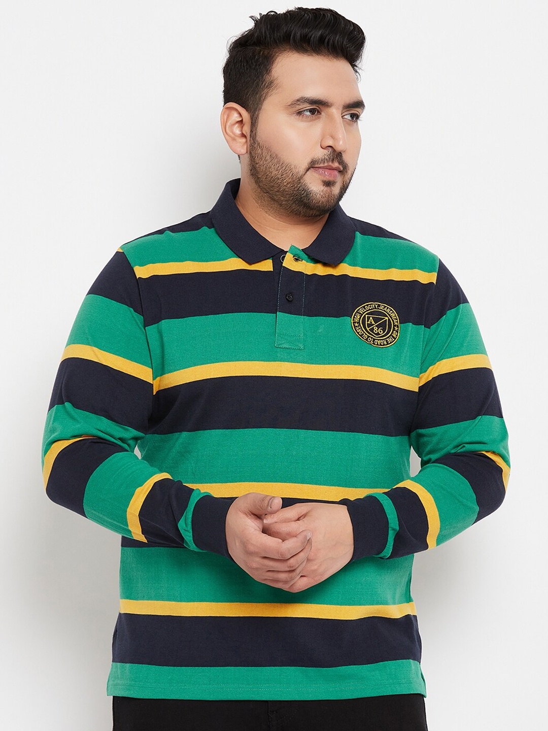 

AUSTIVO Plus Size Striped Polo Collar Long Sleeves Cotton T-shirt, Green