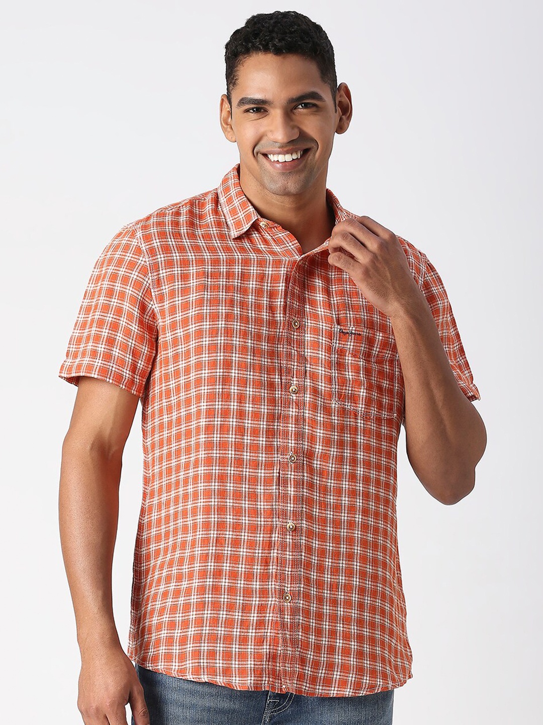 

Pepe Jeans Spread Collar Checks Linen Casual Shirt, Orange