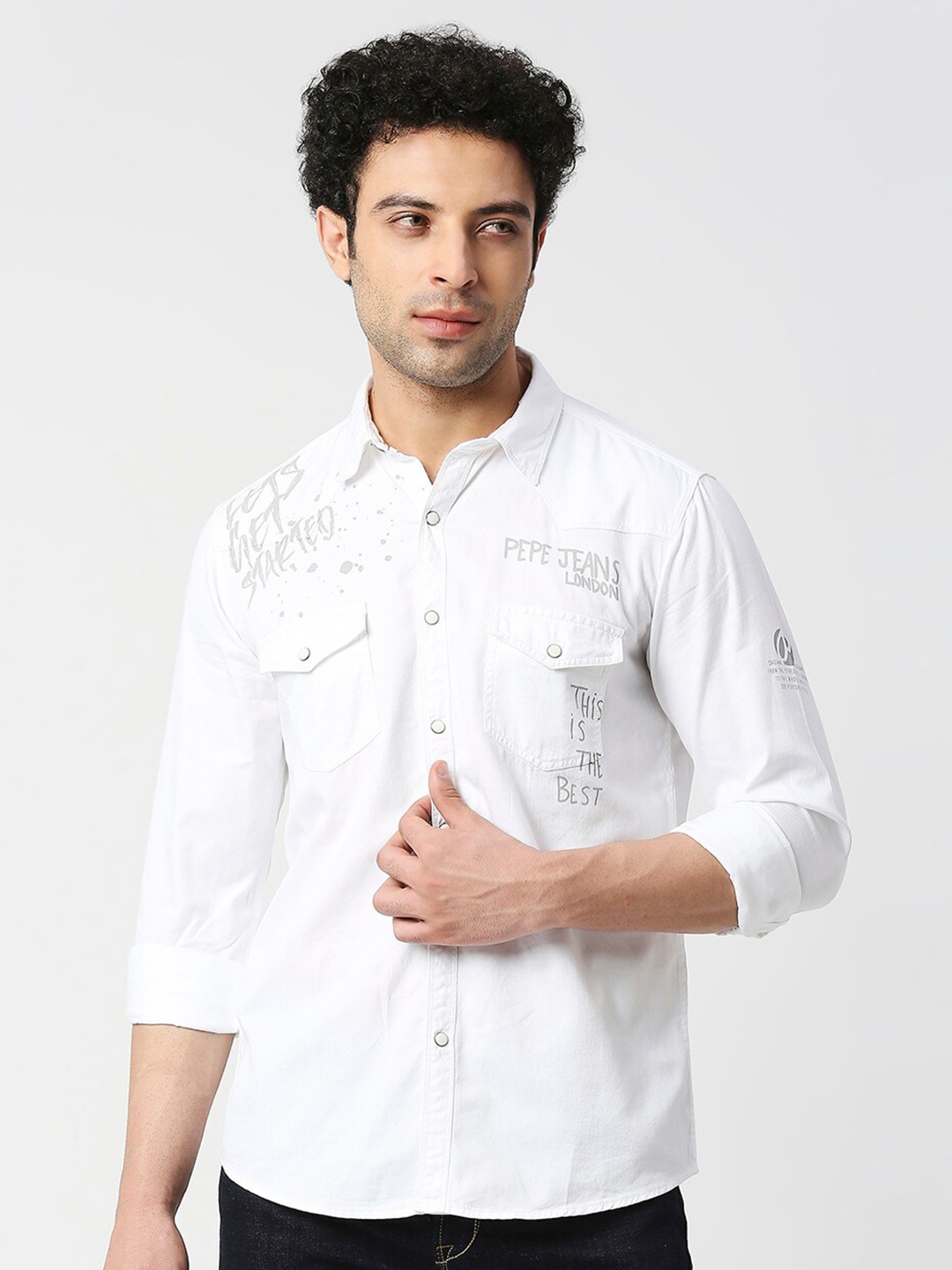 

Pepe Jeans Standard Typography Printed Pure Cotton Casual Shirt, White