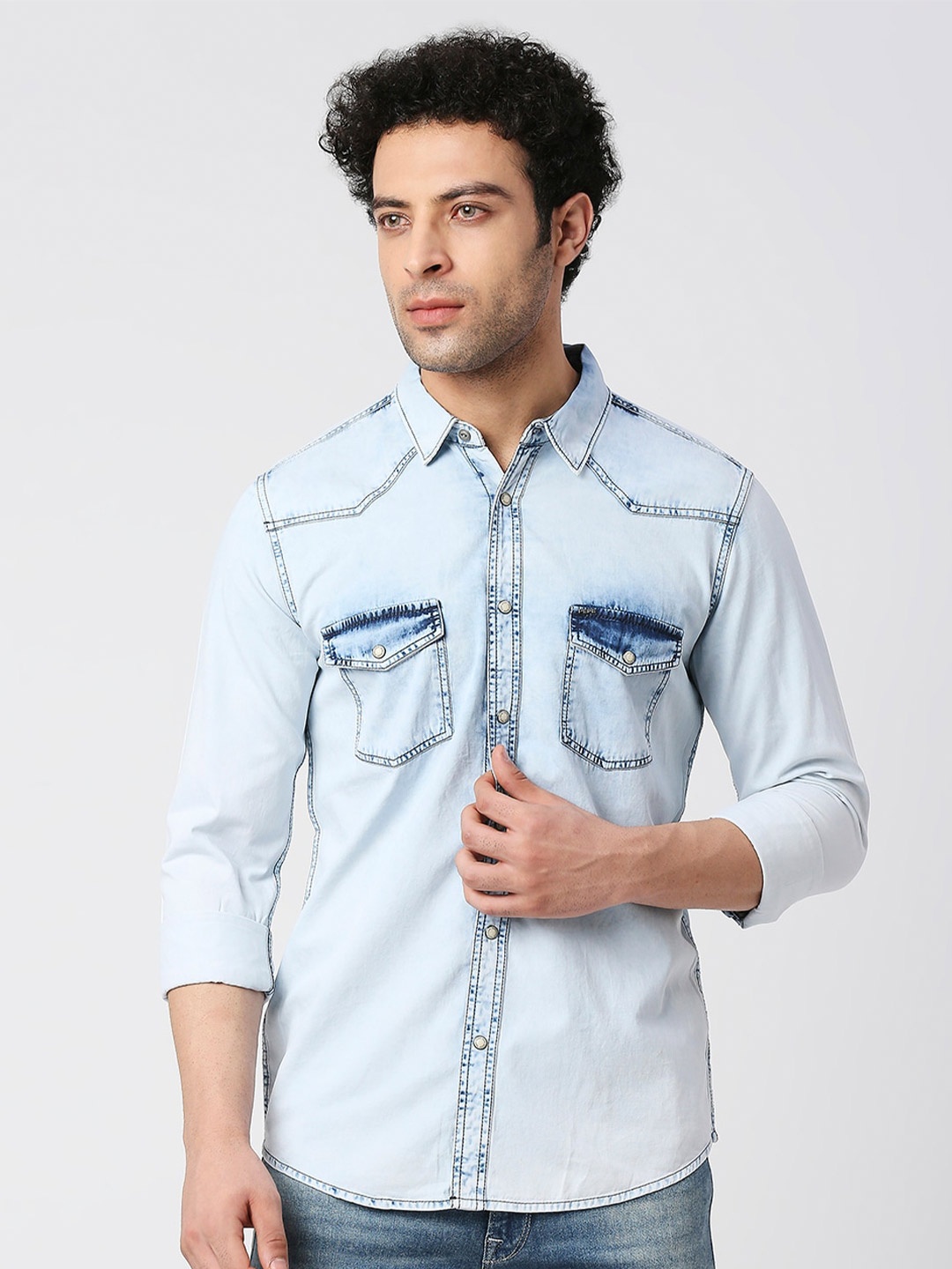 

Pepe Jeans Spread Collar Faded Cotton Casual Shirt, Blue