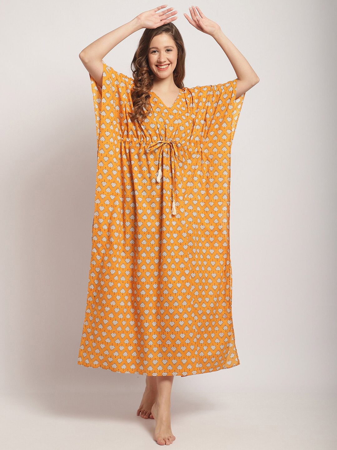 

Secret Wish Floral Motifs Printed Cotton Kaftan Nightdress, Yellow