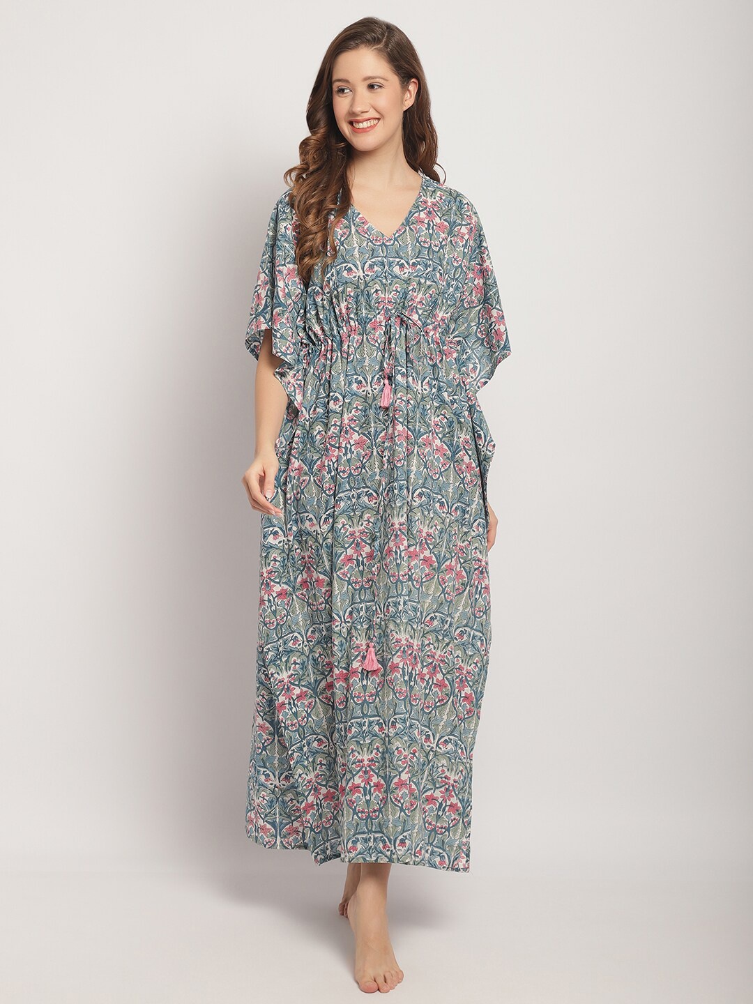 

Secret Wish Floral Printed V Neck Pure Cotton Kaftan Nightdress, Blue