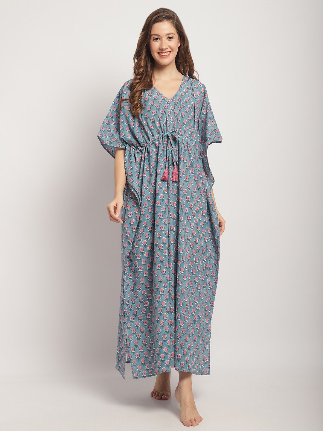 

Secret Wish Floral Printed V Neck Pure Cotton Kaftan Nightdress, Blue