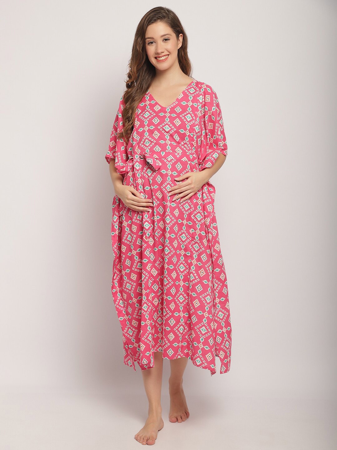 

Secret Wish Ethnic Motifs Printed Pure Cotton Maternity Kaftan Nightdress, Pink