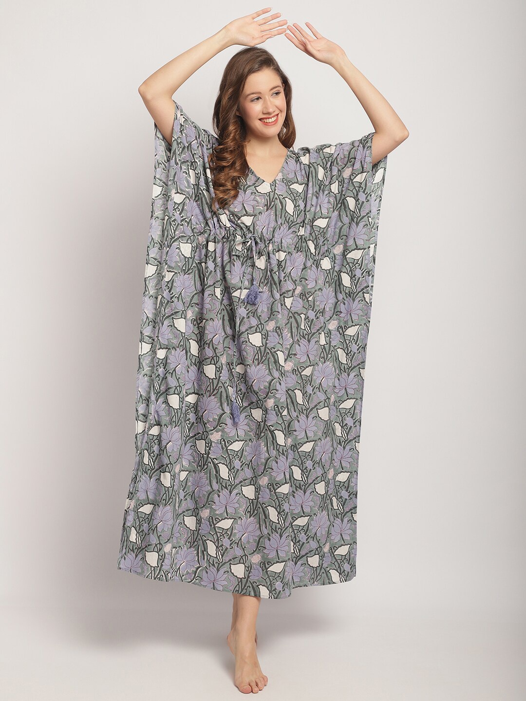 

Secret Wish Floral Printed V Neck Pure Cotton Kaftan Nightdress, Green
