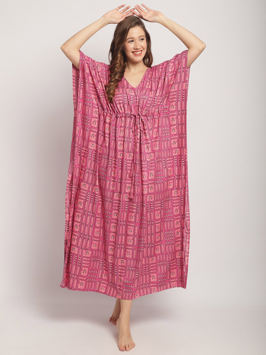 

Secret Wish Geometric Printed V Neck Kaftan Nightdress, Pink