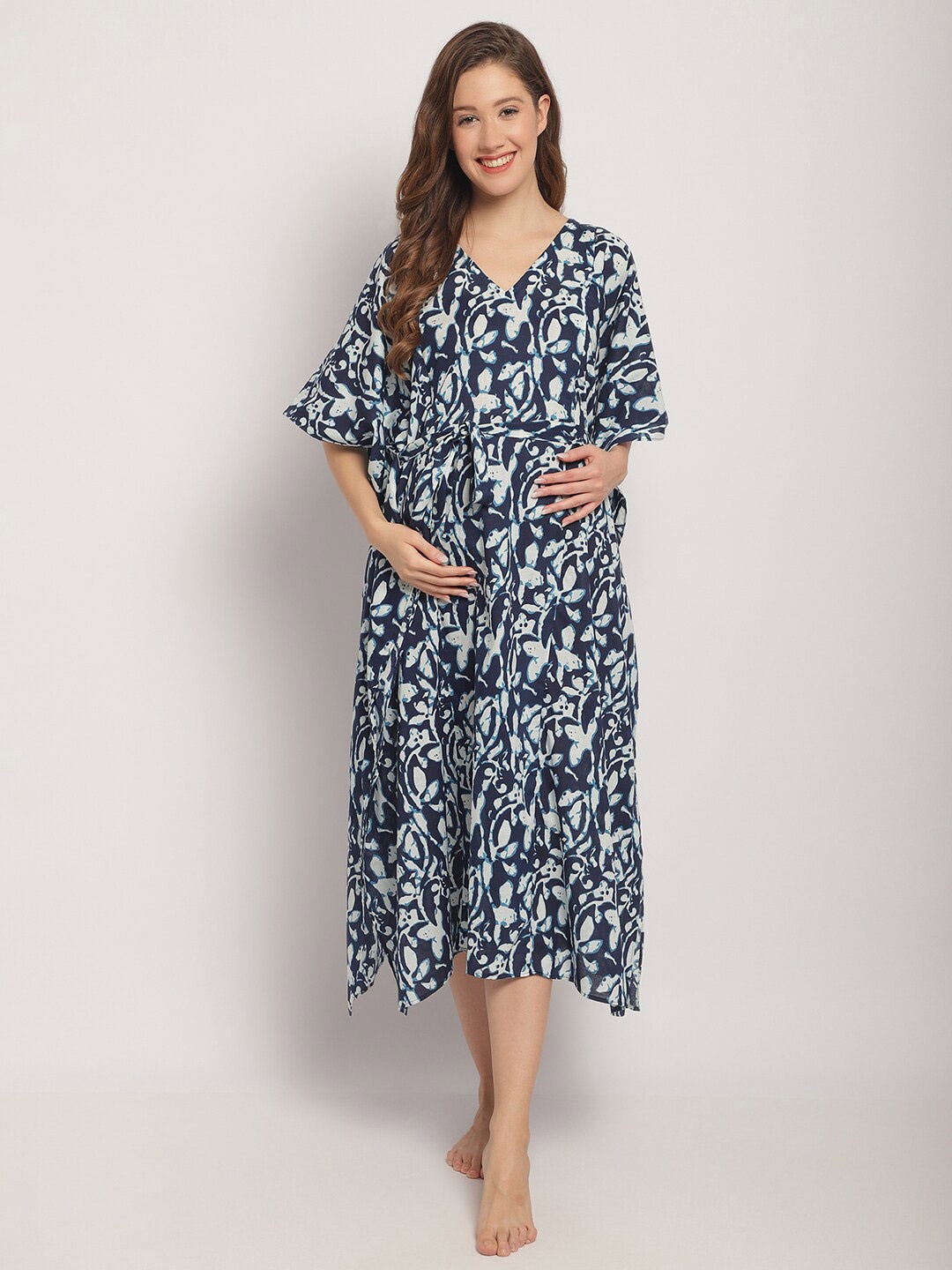 

Secret Wish Floral Printed Pure Cotton Maternity Kaftan Nightdress, Blue