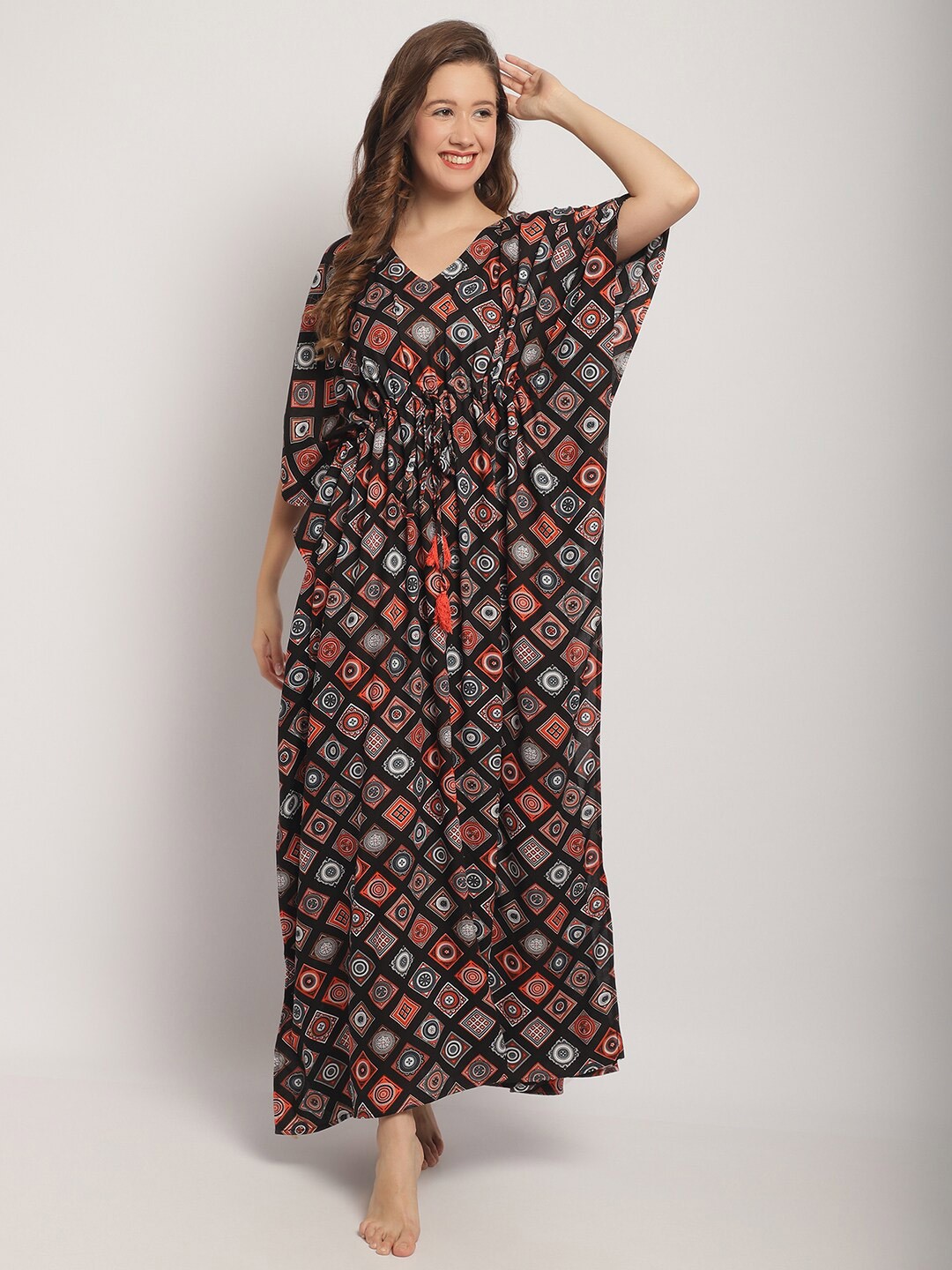 

Secret Wish Ethnic Motifs Printed V Neck Kaftan Nightdress, Black