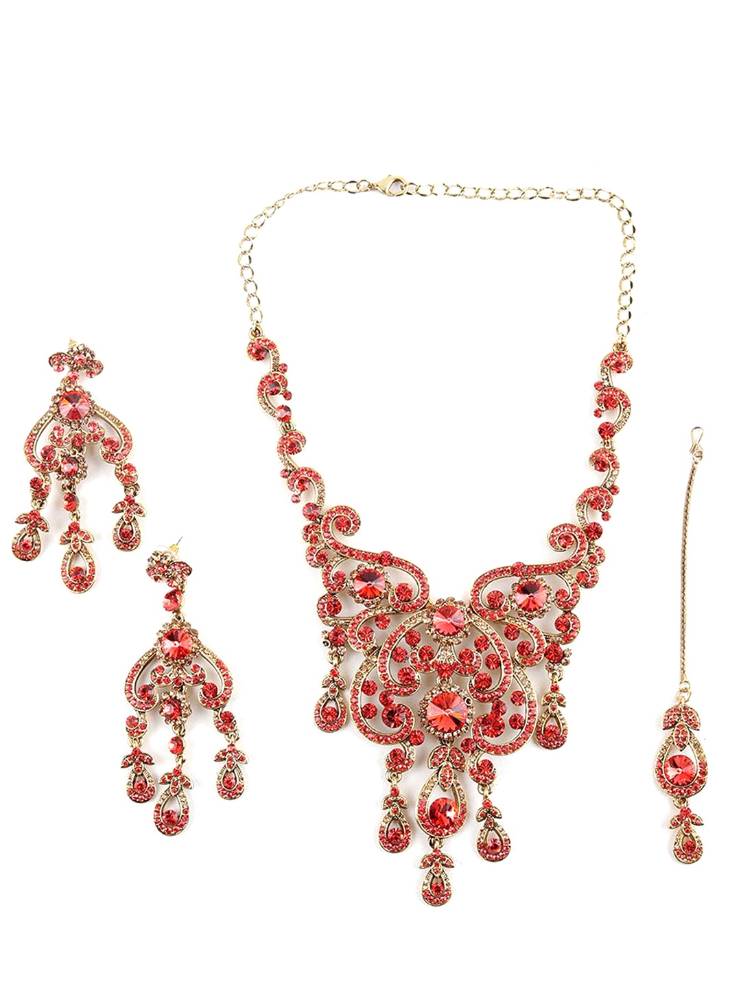 

ODETTE Gold-Plated Stone Studded Necklace & Earrings Set, Red