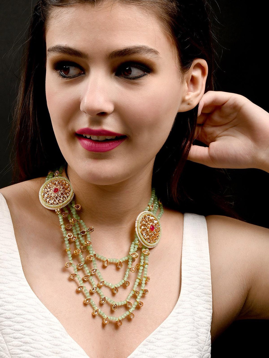 

ODETTE Kundan Studded & Beaded Necklace & Earring Set, Gold