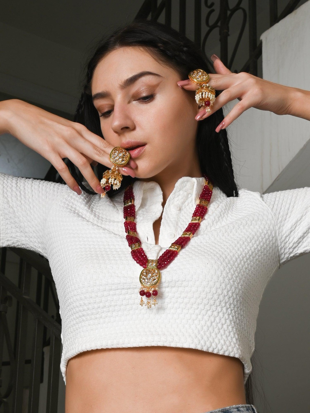 

ODETTE Stone Studded & Beaded Necklace & Earrings Set, Gold
