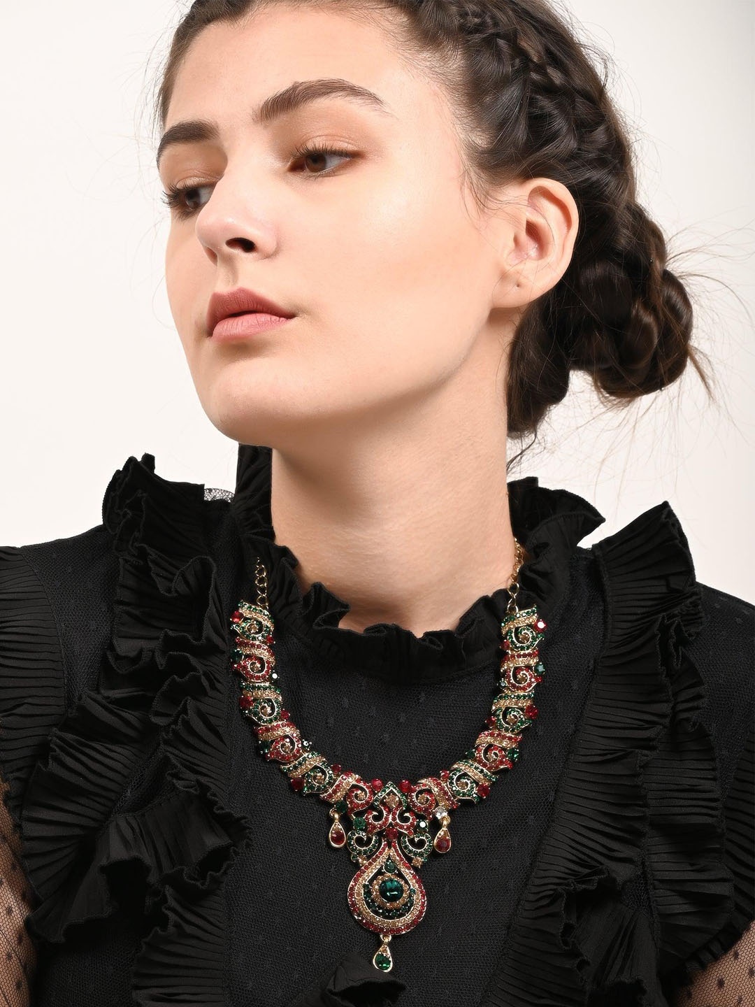 

ODETTE Stoned Studded Necklace & Earrings Set, Red