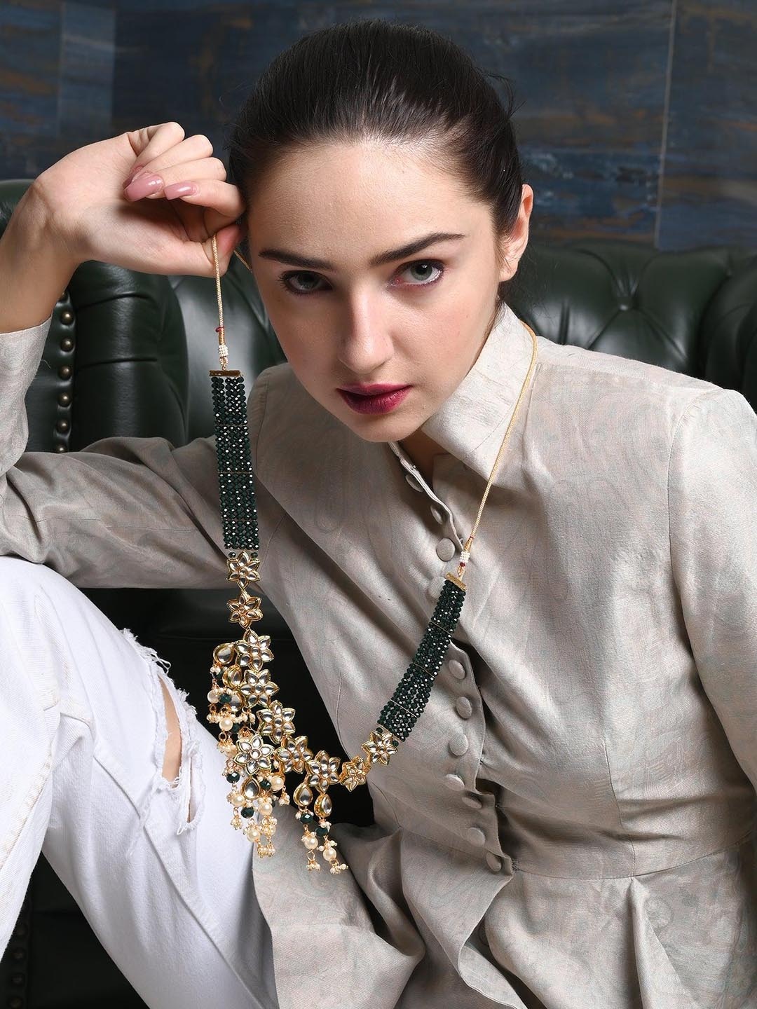 ODETTE Kundan Studded Necklace & Earring Set, Gold
